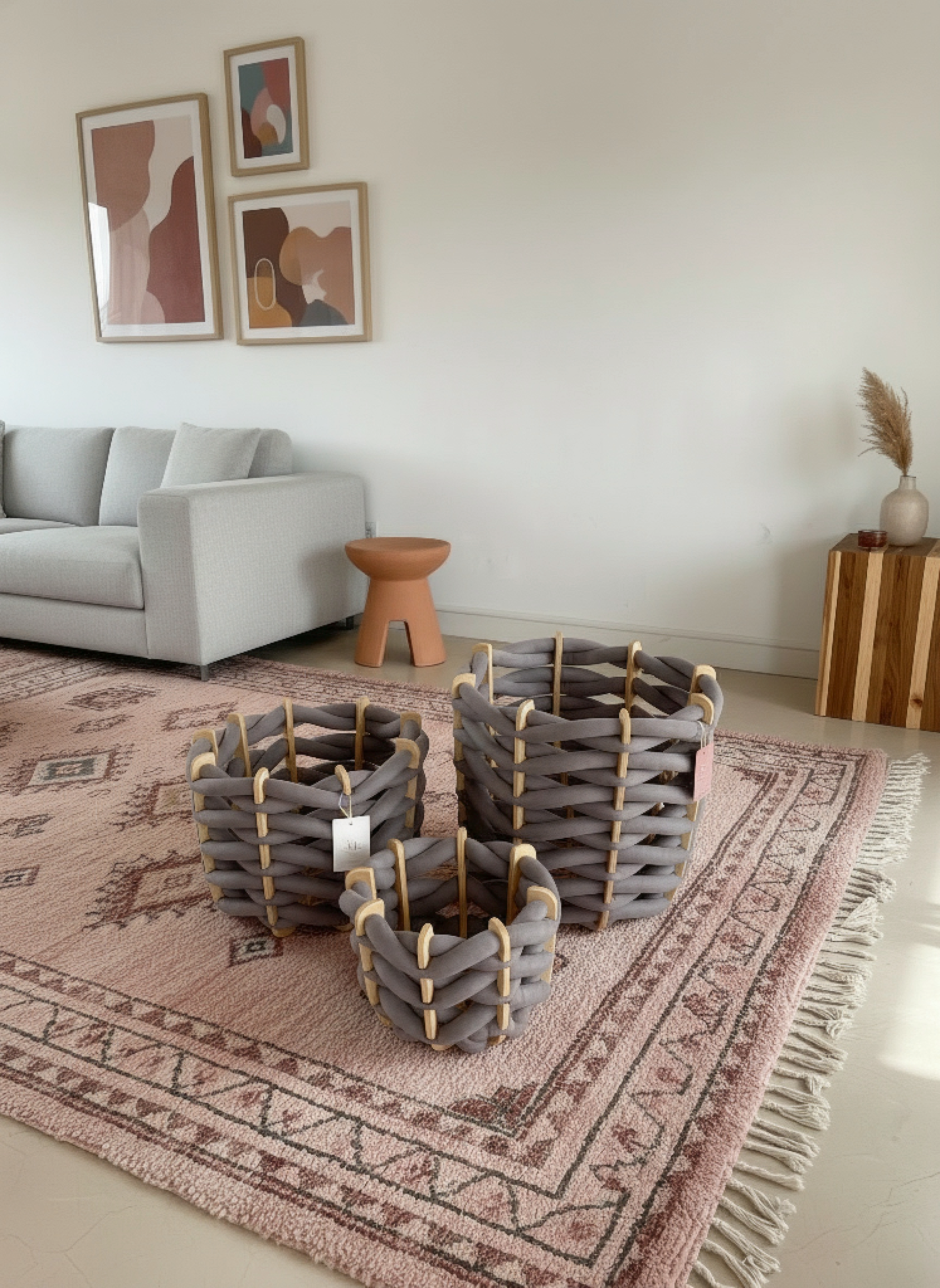 Woven baskets on a patterned rug in a living room setting