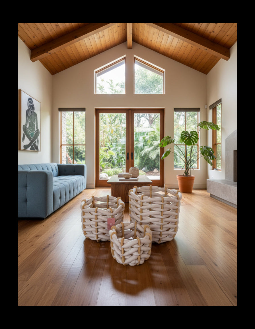 Modern living room with wooden floors, large windows, and decorative baskets.